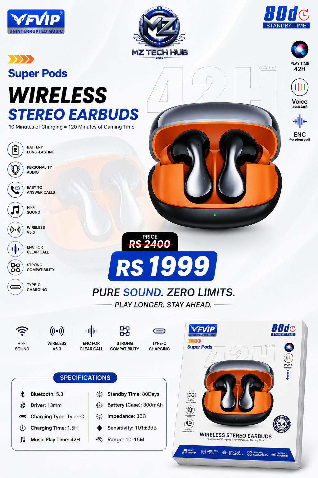 Sterio Earbuds |Super Pods| Wireless | ELEGANT DESIGN