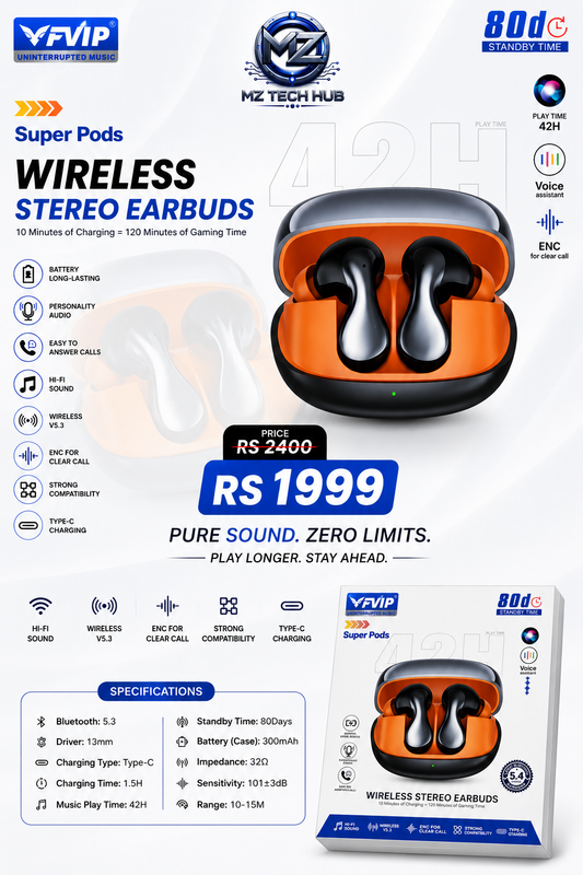 Sterio Earbuds |Super Pods| Wireless | ELEGANT DESIGN