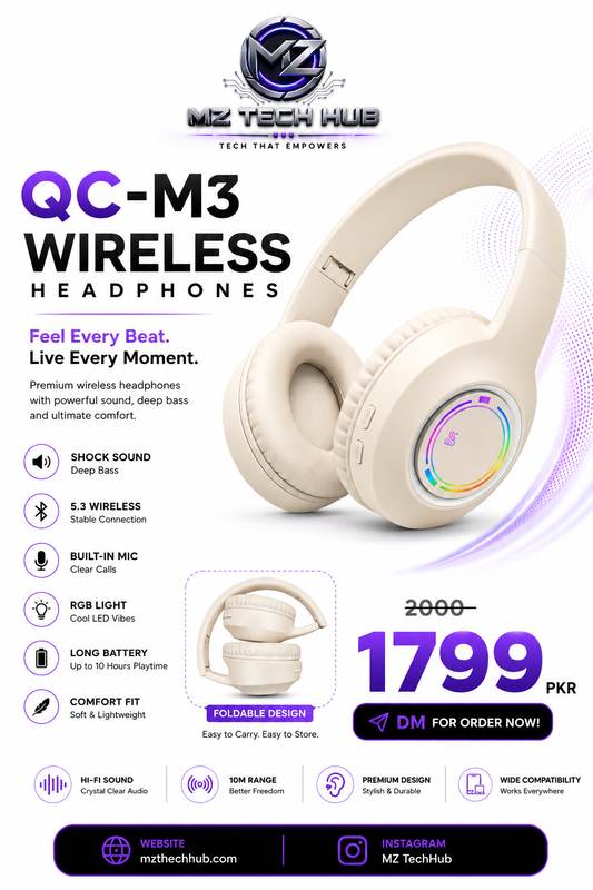QC-M3 wireless foldable Headphone |RGB LIGHTS | high quality sound| foldable