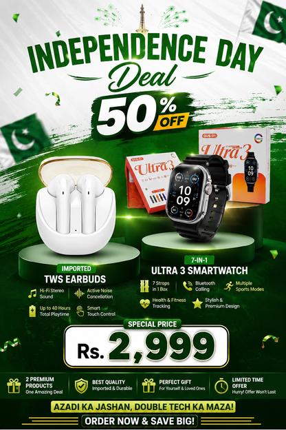 Independence Day 50% off deal - Ultra 3 smartwatch and E19 earbuds bundle, Rs. 2999
