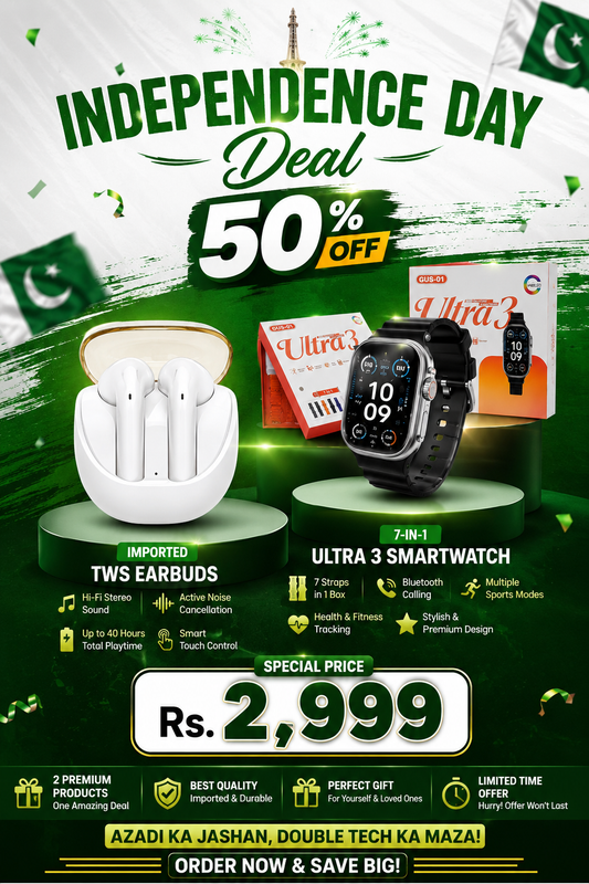 Independence Day 50% off deal - Ultra 3 smartwatch and E19 earbuds bundle, Rs. 2999