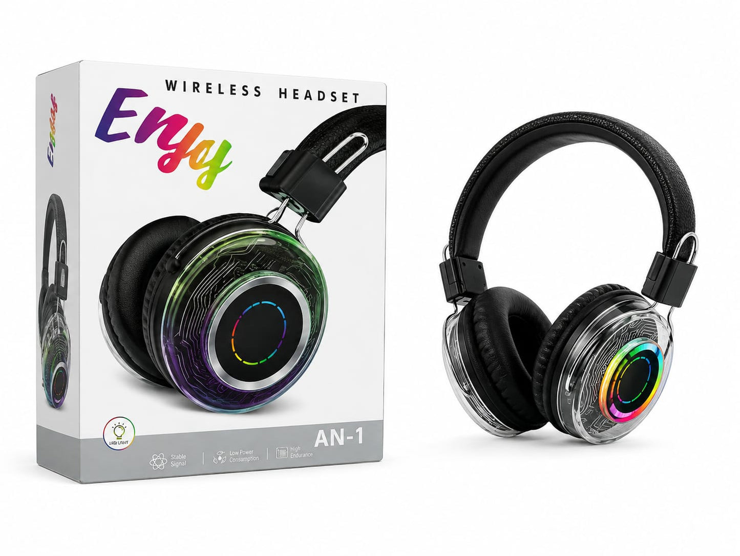 Enjoy AN-1 Wireless Bluetooth Headphones – RGB Light Edition | Foldable Over-Ear Headset with TF Card Slot & Mic